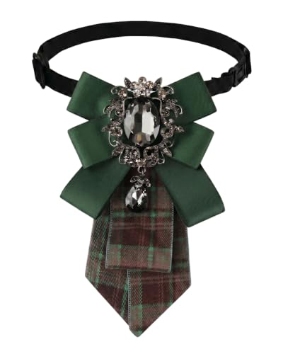 NoctisNest Bow Ties for Women Vintage, Dark Green Adjustable Rhinestone Bow Neck Tie with Big Black Crystal, Ladies' Striped Pre-Tied Necktie Shirt Accessory for Business Uniforms Graduation School