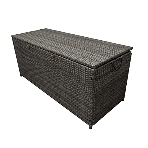Image of Oakland Living Grey Indoor and Outdoor Balcony Patio Deck Porch Pool 113 Gallon Wicker Storage Box Trunk Bin with Metal Frame