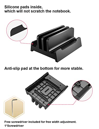 Meatanty-Vertical-Laptop-Stand-with-Larger-Dock-63-x-54-inches-Plastic-Dual-Slot-Adjustable-Vertical-Laptop-Holder-Desktop-Stand-Fits-All-MacBookSurfaceHPDellChrome-Book-Up-to-173-Black