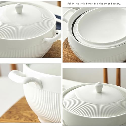 Elegancka ceramiczna miska do zupy z pokrywką, pojemność 3 l, trwała porcelanowa miska do serwowania z uchwytem i łyżką, nadaje się do kuchenki mikrofalowej i zmywarki, 1,8 l