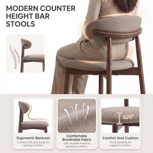 Image of MALOL Counter Height Bar Stools Set of 2, Kitchen Bar Stools with Back, Mid Century Modern Upholstered Barstools with Wood Legs for Kitchen Island Dining Room, Camel