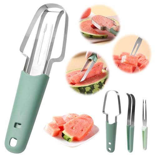 3 in 1 Watermelon Fork Slicer Cutter, Watermelon Cutter Slicer Tool, Portability Fruit Cutter Knife, Stainless Steel Watermelon Popsicle Cutter, Quickly Melon Forks Cutter for Fruit Camping Gadgets