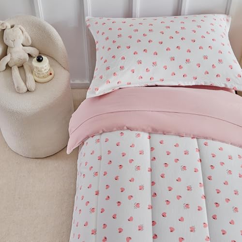 Image of DuShow Toddler Bedding Set for Girls,4 Piece Bed-in-a-Bag Toddler Comforter Sets,Pink Heart Crib Bedding Sheets Set,Include Quilt Comforter,Flat Sheet,Fitted Sheet,Pillowcase