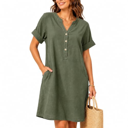 Image of DVDVBOOM Summer Dress for Women Cotton Linen Short Sleeves Boho Casual Shirt Dresses Plus Size, V Neck Button with Pockets (L, Green)