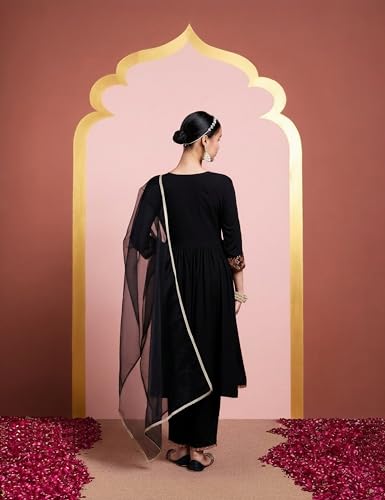 Image of Amazon Brand - Myx Women's Embroidered Anarkali Kurta Pant Set with Organza Dupatta | Salwar Suit (Available in Plus Sizes)