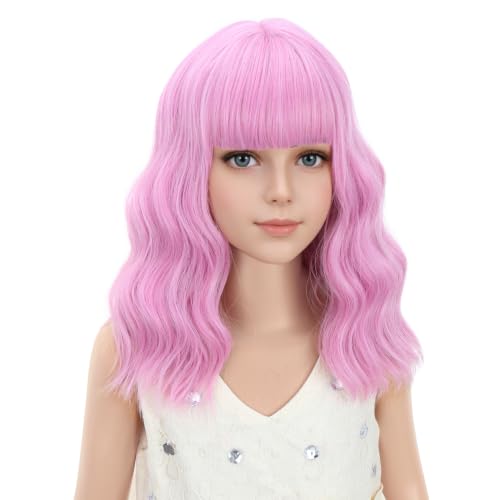 Image of PATTNIUM Light Pink Wig for Kids Short Wavy Pink Wig with Bangs Girls Synthetic Hair for Cosplay Costume