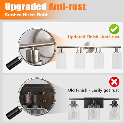 Image of DLLT 4-Light Bathroom Light Fixtures: Nickel Modern Vanity Lights with E26 Bulbs - Milky White Glass Shade Bathroom Wall Lamp for Mirror Kitchen Living Room Hallway Cabinet Porch
