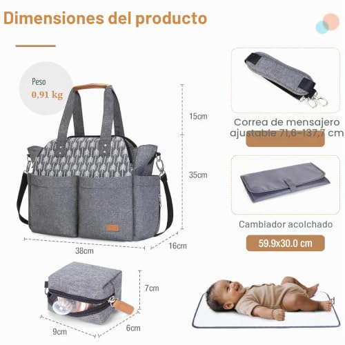 Miniatura 3 de Lekebaby Bolso Carro Bebe Bolsa Carrito Bebés Cambiador Bolsos De Viaje Grande De Almacenamiento Para Pañales Materna Messenger Con Ganchos Y Correa Universal Gris