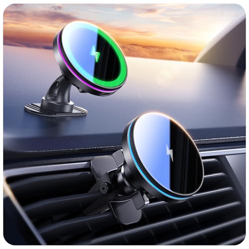 Beser for MagSafe Car Mount Charger, (4.13 lbf) Large Magnetic, 15W Qi Wireless Charger for Car, Vent/Dashboard, Phone Holder for iPhone 16/15/14/13/12 Series, 7 Color Lights, Aluminium, Black