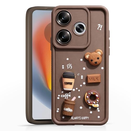 Image of Bintage CASE Cute Fun Taddy Cartoon 3D Ball Bear Milk Cake Coffee Silicon Case Full Body & Camera Protection Back Cover Compatible for MI Poco F6 5G - Brown