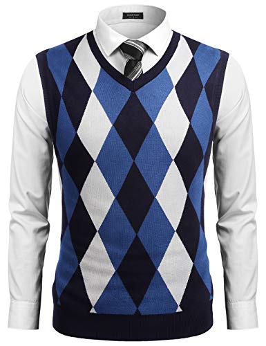 Coofandy Men's Casual Slim Fit V-neck Rhombus Business Knitwear Sweater Vest Navy Blue X-Large