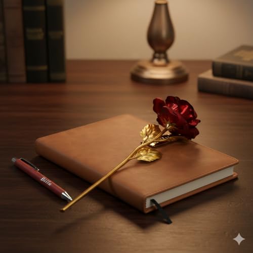 Image of Personalized Diary & Pen Gift Set with Name Engraving | Leather Diary Combo with Decorative Rose | Customizable Gift for Birthday, Anniversary, Valetine & Special Occasions (Brown)