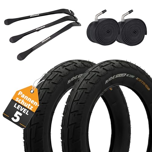 2X Conti 12 Zoll Fahrradreifen Set 62-203 (12 1/2 x 2 1/4) mit AV-Schlauch & abgewinkeltem Ventil + 3 MSZweirad Reifenheber für Buggy Dreirad Laufrad Kinderrad