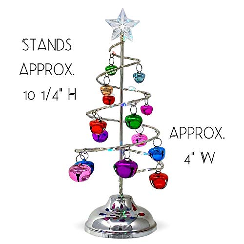 Lighted Tabletop Spiral Silver Christmas Tree - Multicolor Jingle Bells & Lights - Battery Operated - Home Xmas Décor - Approximately 10.25