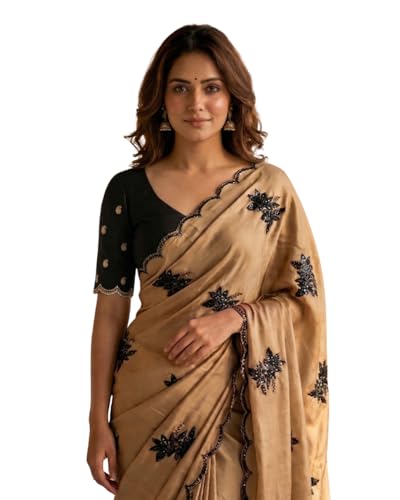 Image of Handcrafted Floral Embroidered Saree with Contrast Blouse