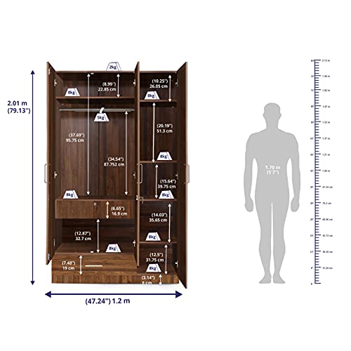 Image of Wakefit Wardrobe | 1 Year Warranty | Engineered Wood Almirah, Cupboard for Clothes Storage | 3 Door, Mirror, 1 Drawer, 1 Hanging Space | Cashmere - Columbian Walnut