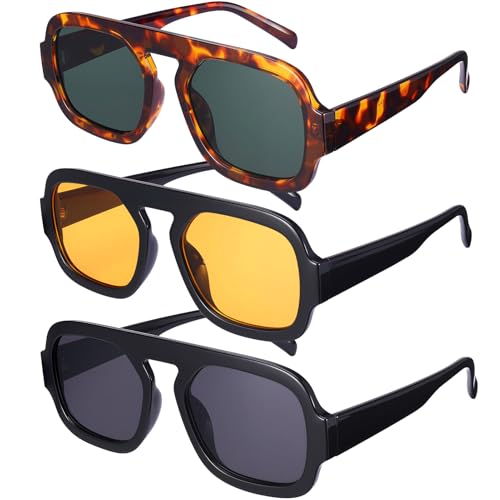 3 Pack Retro 70s Square Sunglasses for Women Men Trendy Flat Top Rectangle Sunglasses