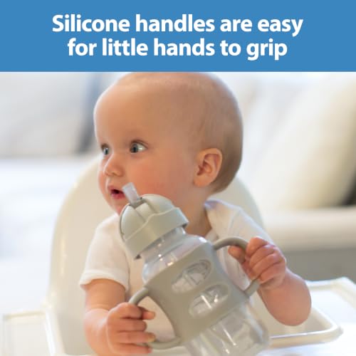 Dr. Brown's Wide-Neck Sippy Straw Bottle with Handles, Gray & Green, 2-Pack | Teach baby straw-sipping skills, weighted straw lets them drink in any direction, 100% silicone handles, 9 oz, 6m+ - image 3