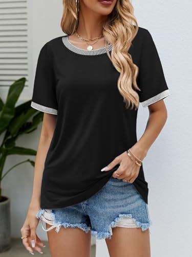 ATHMILE Womens Short Sleeve Tops Striped Color Block T Shirts Summer Crewneck Loose Casual Tee 20253