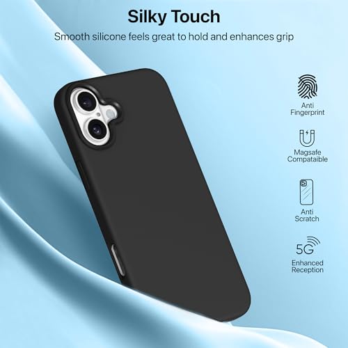 Image of eller sante Silicon Back Cover Case for iPhone 16 Plus Scratch Resistant TPU Shockproof 6ft Feet Drop Protection Support Mag-Safe Wireless Charging- Black