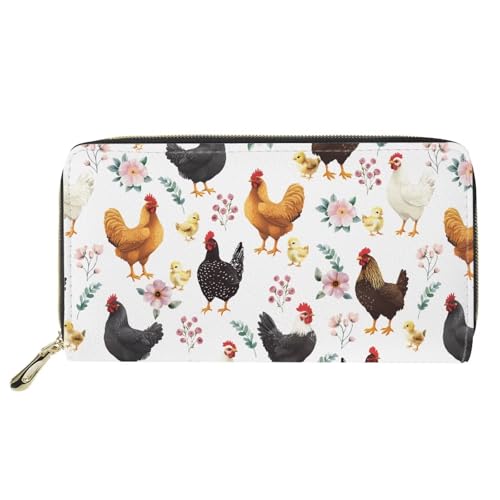 doginthehole Leather Wallets for Women, Floral Rooster Long Wallet for Ladies Zipper Coin Purse Credit Card Holder Funny Chicken Design