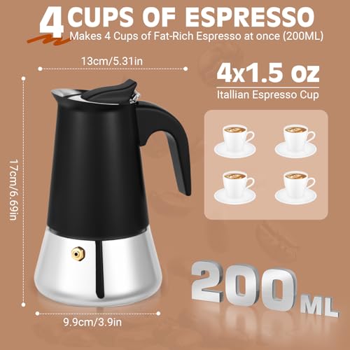 Image of Moka Pot, 4 Cups (7.1 oz) Stovetop Espresso Maker, 304 Stainless Steel Moka Pot, Induction Compatible, Black
