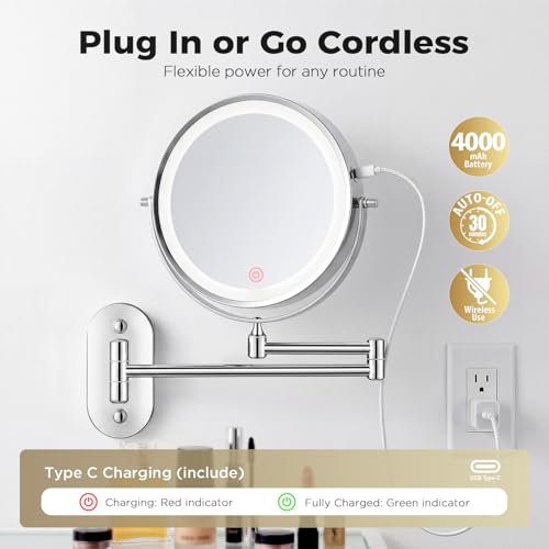 Wall Mounted Makeup Mirror with Light, 8 Inch 1X/30X Magnifying Mirror, Rechargeable 4000mAh, Double Sided, Extendable Arm, 360° Swivel Bathroom Mirror - Image 5
