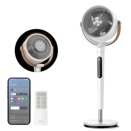 Image of DREO Smart Fan for Bedroom, 150+120 Omni-directional Oscillating, Quiet 20dB Fan, 100ft Air Circulator Pedestal Fan with DC Motor, 12 Speeds, 6 Modes, 37-42 inch Height, Wi-Fi /Voice /Alexa，RGB LED