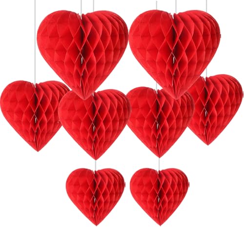 CKCSHI 8pcs Heart Honeycomb Balls, Red Paper Hanging Decorations for Valentine's Day, Romantic Occasions