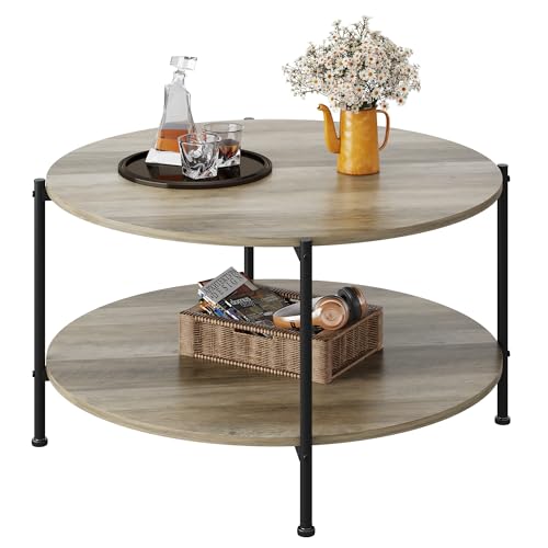 WLIVE Round Coffee Table for Living Room, 32.6 Small Coffee Table with Open Storage Shelf, 2-Tier Industrial Circle Wood Center Table for Bedroom, Home Office, Grey