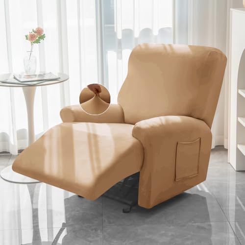 Image of HOKIPO 'SereneSolids' 140 GSM Recliner Stretch Sofa Slipcover 1 Seater Fully Covered 4-Piece Set Machine Washable Furniture Protector with Elasticity for Kids Pet, Camel (AR-4740-CML)