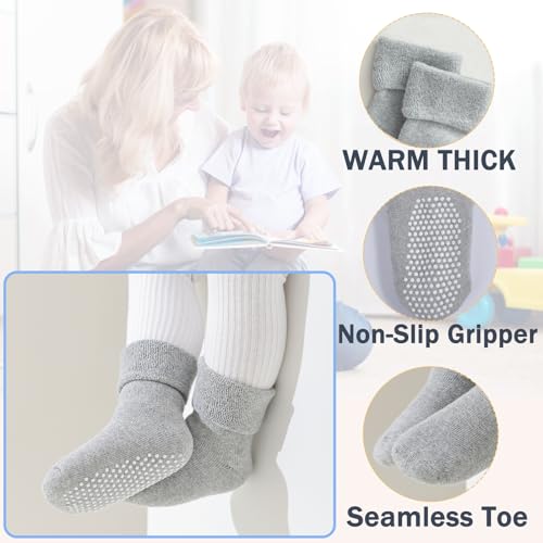6 Pairs Toddler Non Slip Socks with Grippers Winter Thick Warm Cozy Crew Socks for Baby Kids2