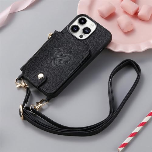 Étui bandoulière pour iPhone 15 portefeuille cuir noir lanière amovible
