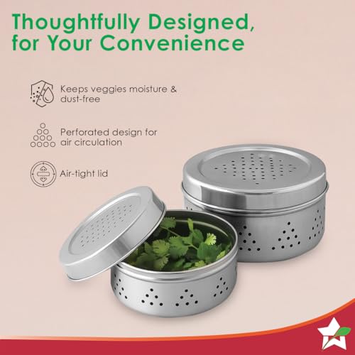 Image of Wonderchef Ambrosia Stainless-Steel Coriander Box (2 Pcs.) | Perforated Container for Air Circulation | Food-Grade, Non-Corrosive, Sturdy | 1-Year Warranty