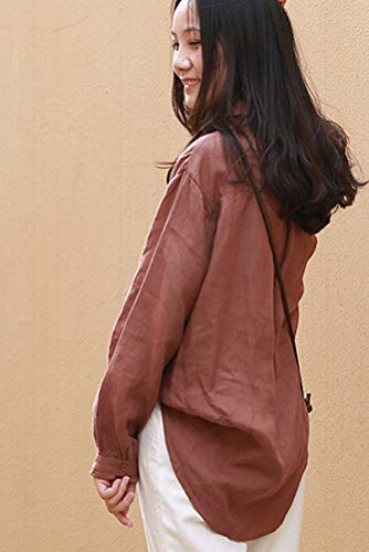 Minibee Women's Casual Cotton Linen Blouse High Low Shirt Long Sleeve Tops (M, Coffee)
