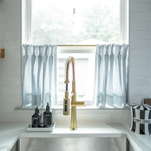 Image of TWOPAGES Pinch Pleat Cafe Curtains 36 Inch Long Ticking Stripe Light Filtering Farmhouse Half Window Curtains for Small Window (Light Blue Pinstripe, 26W x 36L Inches, Set of 2)