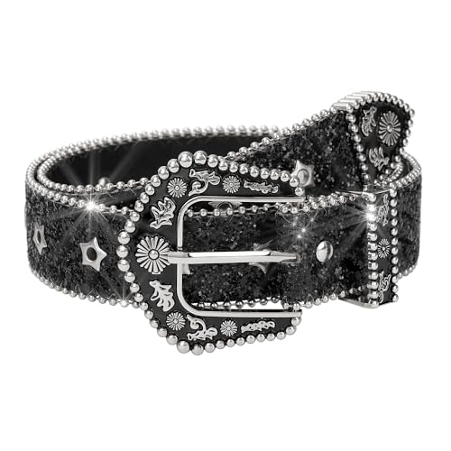 CHIC DIARY Rhinestone Western Belts for Women Black Diamond Bling Belt Cowgirl Cowboy Waist Belt for Jeans Dresses