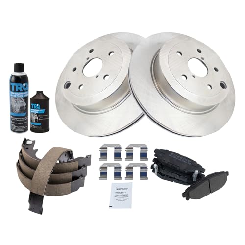 Image of TRQ Rear Brake Pad & Rotor Kit, with Chemical Kit Parking Brake Shoe Set Semi-Metallic Compatible with 2008-2013 Subaru Impreza