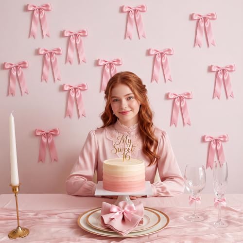 Image of 2 Pcs Pink Bow Garland Banner, Pre-Strung Pink Satin Ribbon Bow Garland Coquette Birthday Decorations for Classroom Decor Wedding Birthday Baby Shower