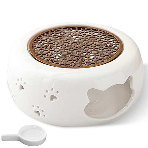 Stufetta per teiera in ceramica, con artiglio di gatto giapponese, con tappetino in sughero e cucchiaio, design cavo, per conservare il calore di tè/caffè, diametro 14,5 cm, bianco