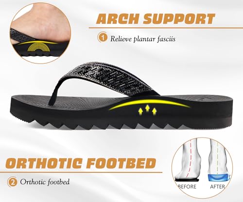 KuaiLu Womens Orthotic Flip Flops with Arch Support Yoga Mat Cushion Fashion Rhinestone Sandals Summer Walking Beach Travel Thong Slides Comfy Plantar Fasciitis Indoor Outdoor Sandles US5-113