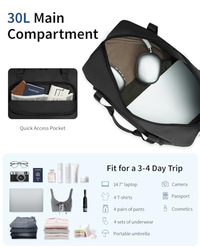 ECOHUB Faltbare Reisetasche Handgepäck, Untersitz Handgepäck Tasche für Flugzeug, Recyceltes PET Weekender Damen Mit Abnehmbar Nass-Tasche, 30L Easyjet handgepäck 45x36x20(Schwarz)