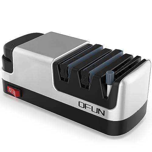 OFUN 4 in 1 Electric Knife Sharpeners with Diamond Abrasives and Precision Angle Guides for Straight Blade Knives, Serrated Knives, Ceramic Knives and Scissors, 4 Slots