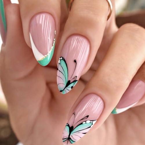 Image of 24 Pcs Reusable Artificial Nails Fake Nails with Glue and Kit|Blue Heaven French Pastel with butterfly Press On Nails | ABS Material UV Protected Long Lasting Finish | Reusable Customizable Nail Kit |Medium Almond Nails with Glue File Tools