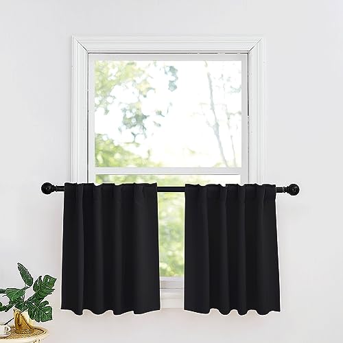 RYB HOME Small Window Curtains - Blackout Insualting Privacy Curtains for Kids Bedroom Kitchen Bathroom Basement Cafe Cabinet Tiers Drapes, 34 Width x 24 Length, 2 Panels, Black