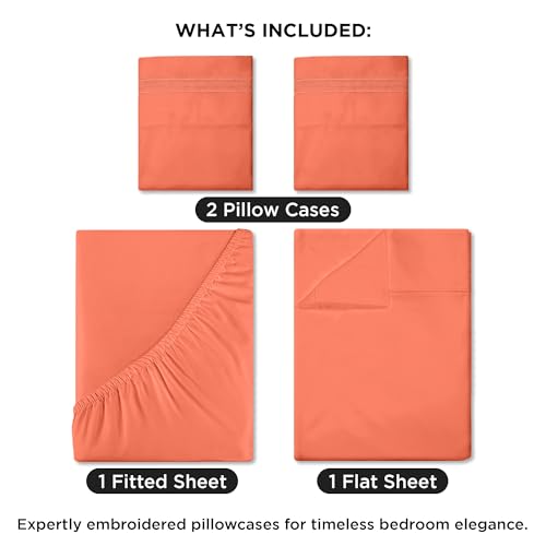 Image of ROYALE LINENS 4 Piece King Sheets Set - Soft Brushed 1800 Microfiber Bedding - 1 Fitted and 1 Flat Sheet, 2 Pillow Cases - Wrinkle Free & Fade Resistant - Hotel Luxury Bed Sheets Set (Coral, King)