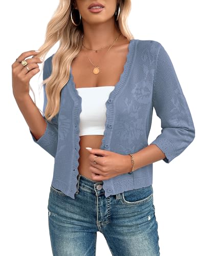Image of Women Crop Cardigan Sweaters Lightweight 3 /4 Sleeve Button Up Crochet Shrug | Textured Bolero For Dresses Dressy Casual, V Neck, Ladies Eyelet Shawl Thin Trendy