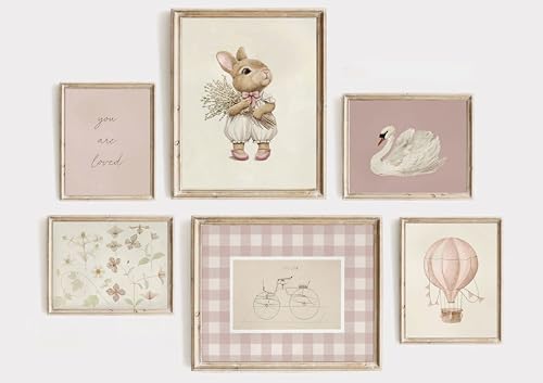 Image of 6Pcs Pink Nursery Girl Canvas Wall Art Antique Cute Animal Rabbit Swan Flowers Vintage Girls Room Paintings Pictures Wall Decor Poster Print Artwork for Kid Baby Girls Bedroom Unframed