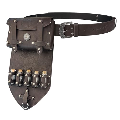 Sac de ceinture en faux cuir médiévale marron avec 5 fioles de potion pour costume de sorcier