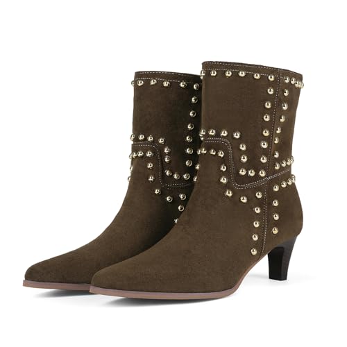 baobeijiadao Ankle Boots for Women Pointed Toe Low Kitten Heel Booties Slip On Rivet Boots3